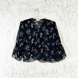 Current air floral print semi sheer ruffle trim blouse